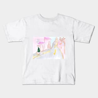 cityscape, city, landscape, background, street, road, architecture, house, houses, watercolor, hand-drawn, illustration, design Kids T-Shirt